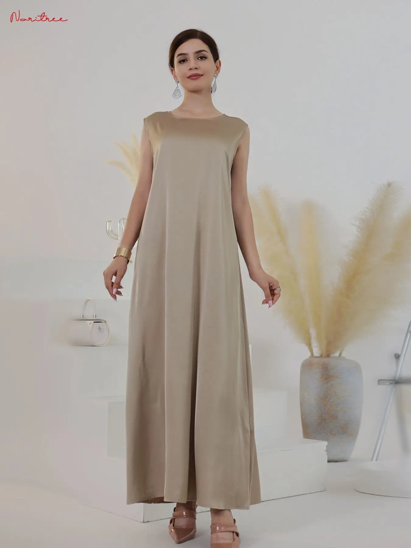 Fashion Silky Inside dress Muslim Dresses Sleeveless Long Muslim Abayas female islamic abayas muslim robes wy1696