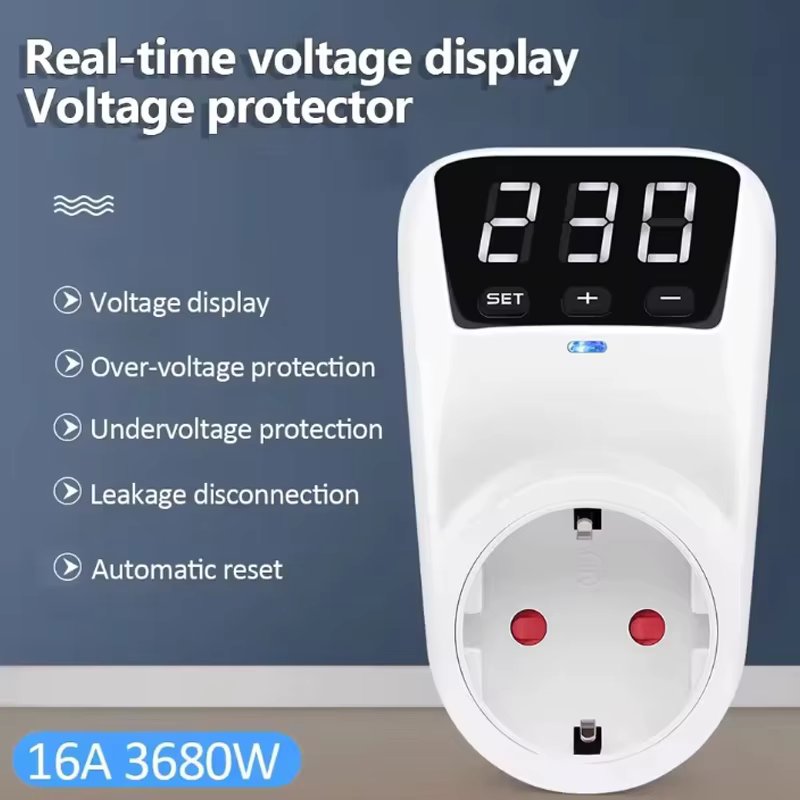 Adjustable Voltage Protector Socket 15A/16A Automatic Power Surge Protector with EU/US Plug under Overvoltage Protection