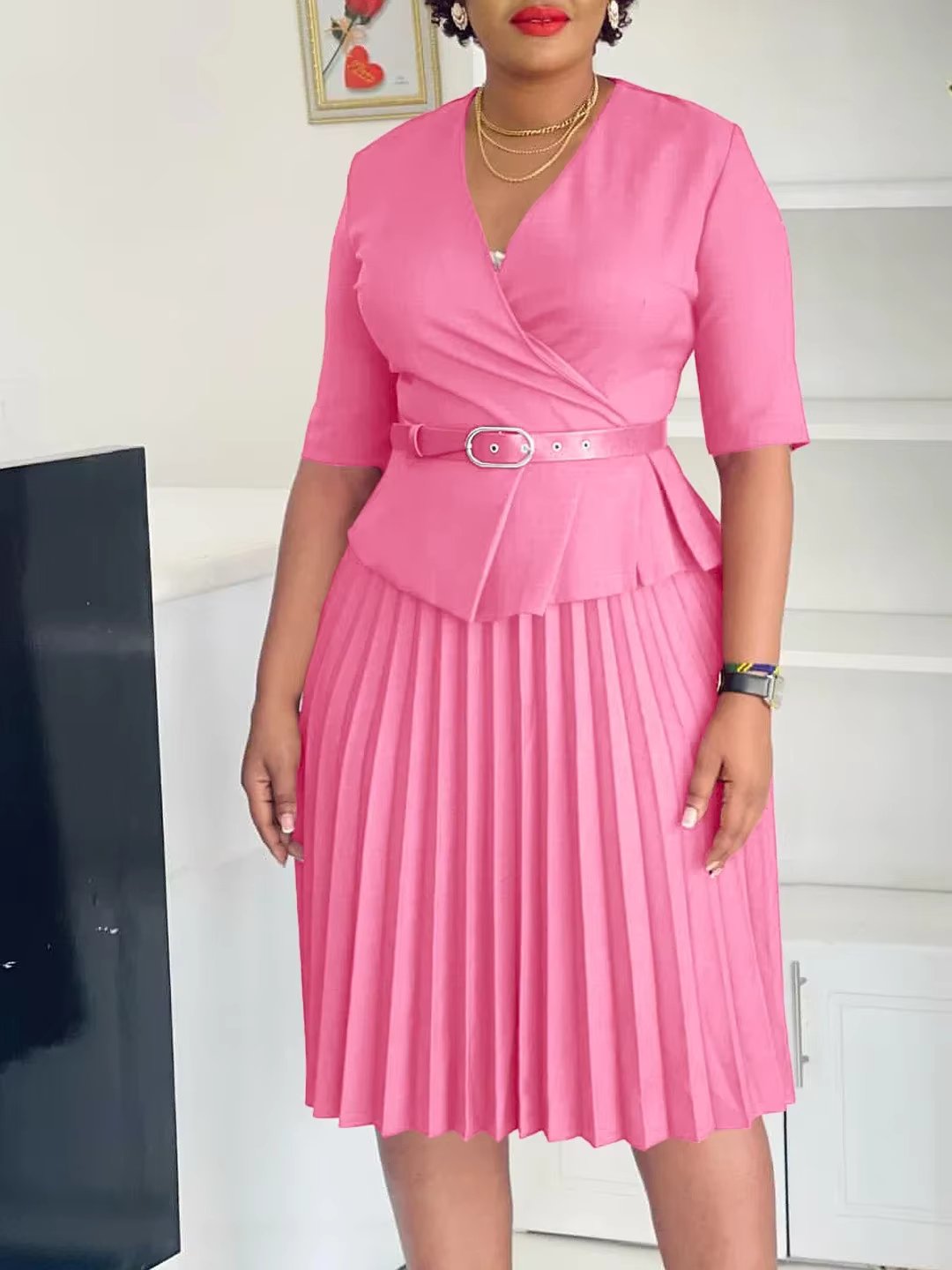 Elegant Church Dresses for Women V Neck Peplum Pleated Waist Belt Female Half Sleeves Classy Modest African Summer Fashion Gowns