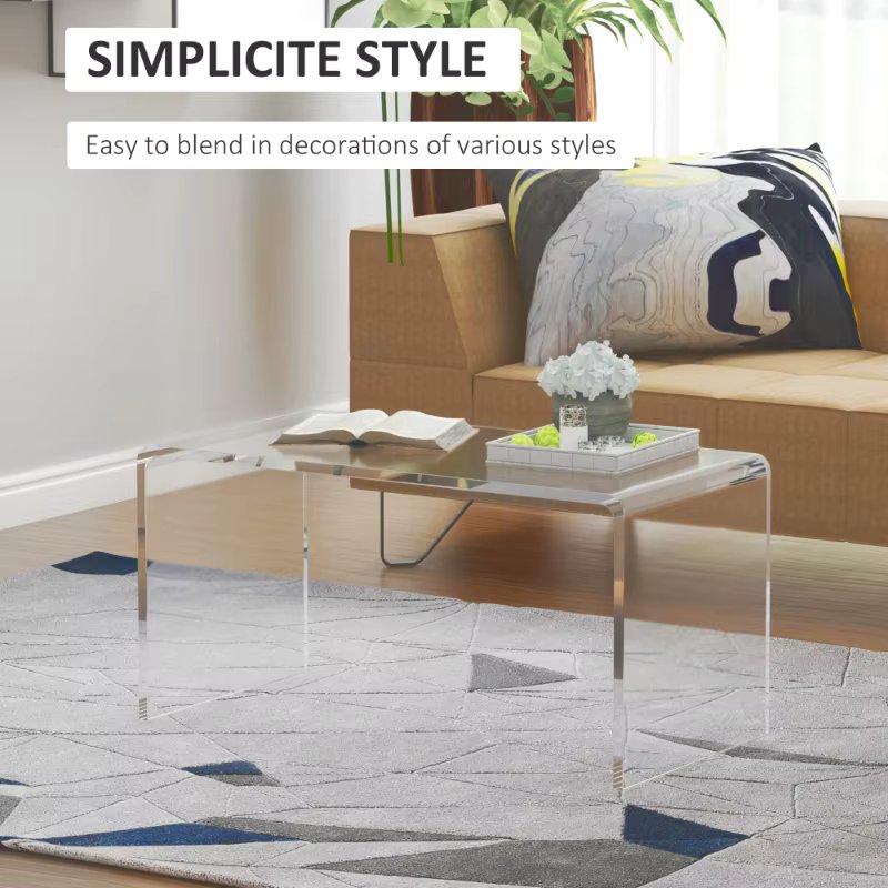 32" Long Rectangle All Acrylic 15mm Thick Waterfall Coffee Table, Clear