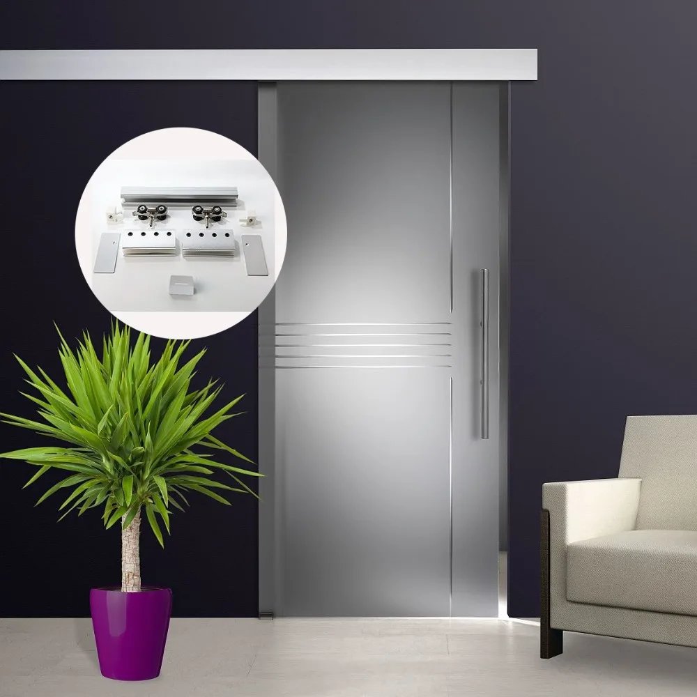4.9/6/6.6/8.2FT Aluminium Alloy Frameless Brushed Silver Barn Sliding Door Hardware Hidden Track Kit For Glass Door
