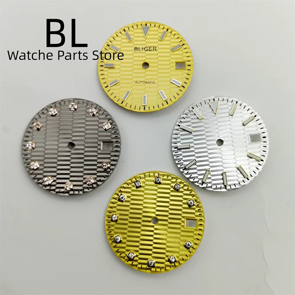BLIGER 29mm Fluted Watch Dial Yellow Gold Silver Gray For NH35 Movement For 36MM/39mm/40mm 3O'clock Date Window Function