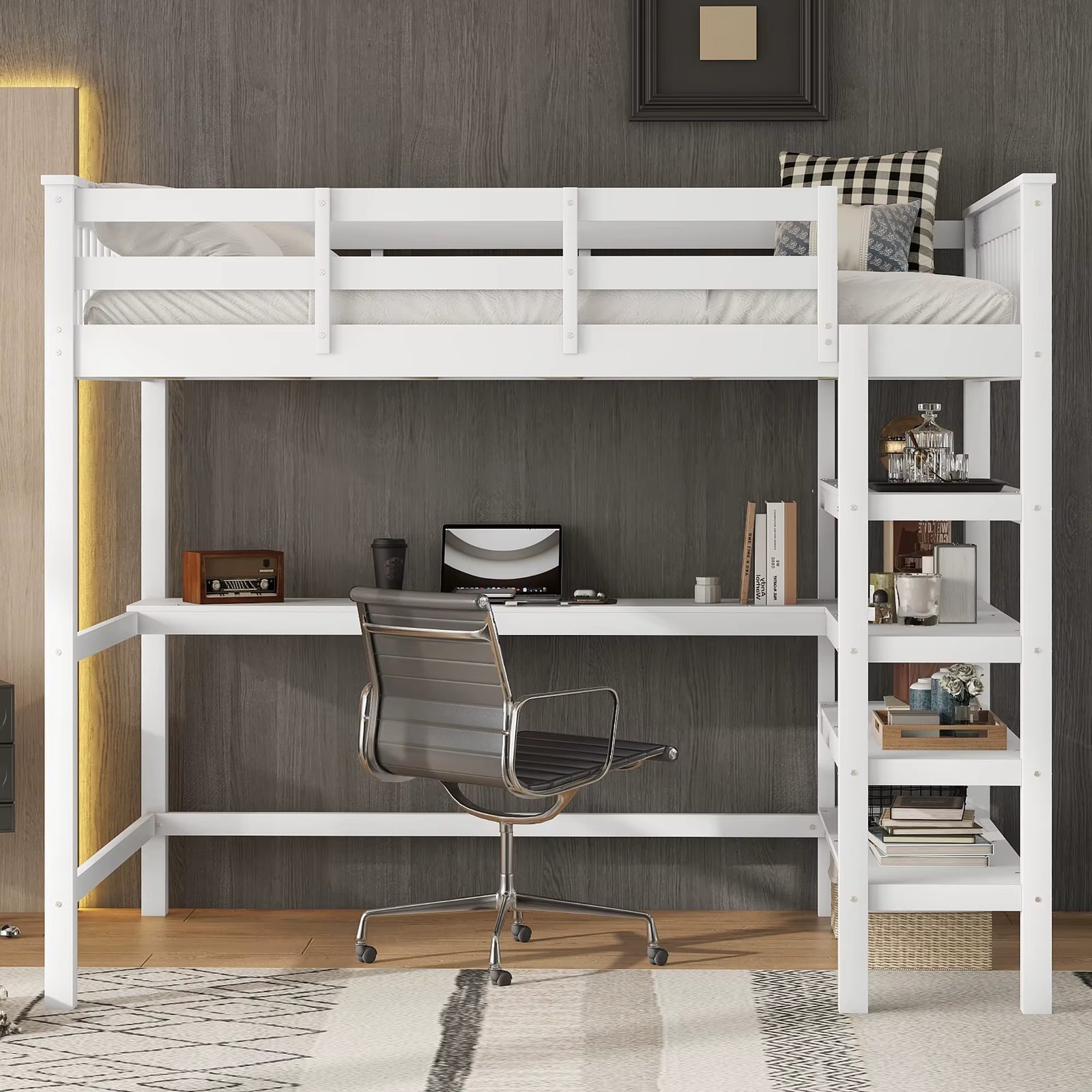 Stylish Children's Loft Bed with Storage Compartments and Underbed Desk, Pine Wood & MDF Bed Frame for Bedrooms or Shared Spaces