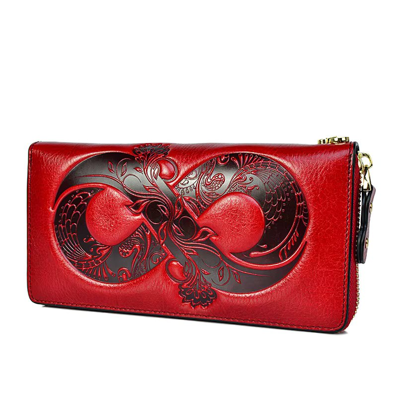 Vintage Genuine Leather Woman Wallet Floral Real Cow Leather Purse Ladies First Layer Cowhide Clutch Bag
