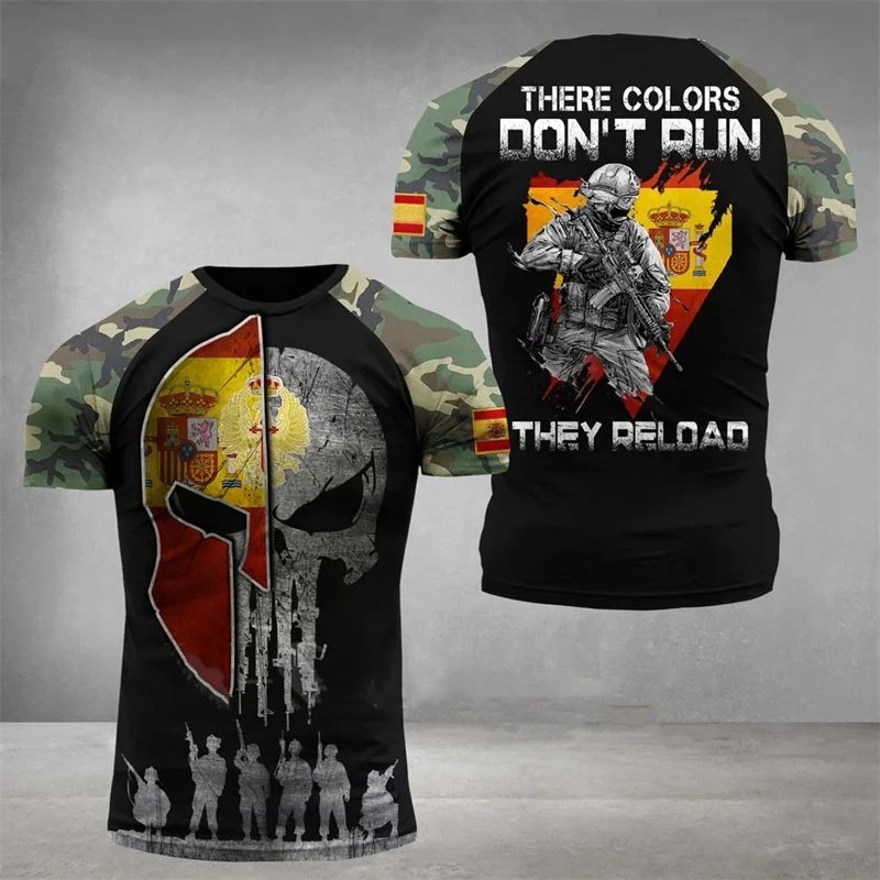Camouflage Army Fan Spanish Flag Summer New Men's T-shirt 3D Printed T-shirt O-neck Oversized Outdoor Casual Short Sleeved Top