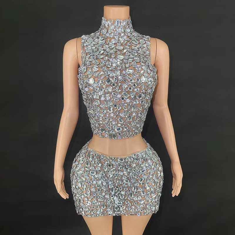 Shiny rhinestone silver sexy backless tight mini dress evening performance costume nightclub singer stage costume birthday party