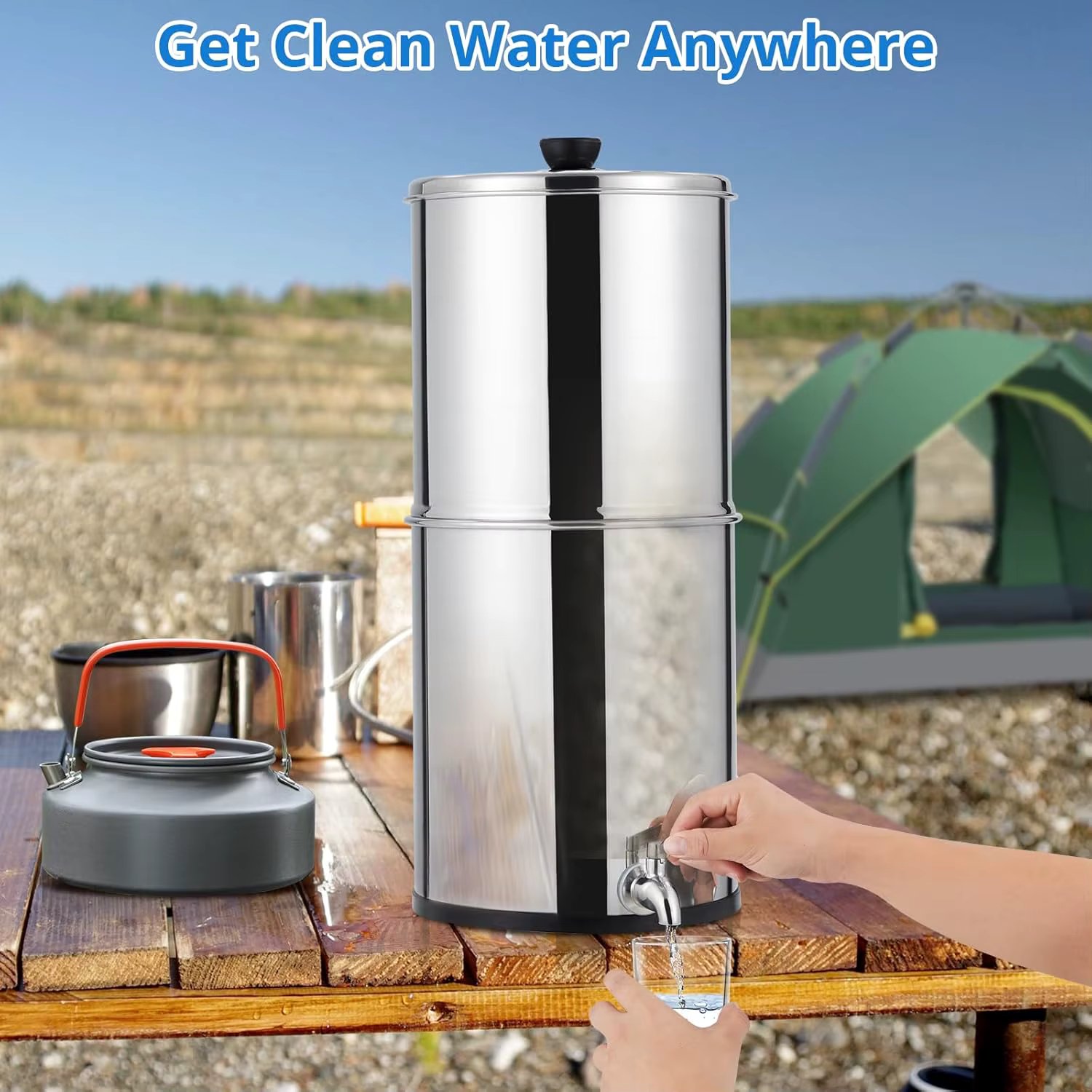 2.25G Capacity Stainless Steel Gravity Fed Water Filter System With 2 Black Carbon Filters & Water Level Spigot & Stand, Basic