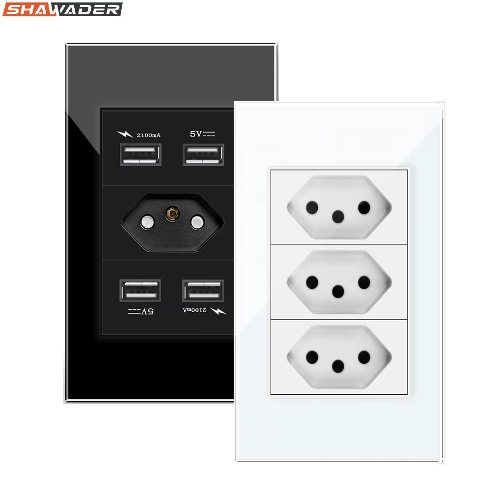 Shawader Brazil Standard Socket,  Crystal Glass Panel,White/Black,AC 110V~250V, 3gangs 3 Pins hole 10A Power Wall Outlet