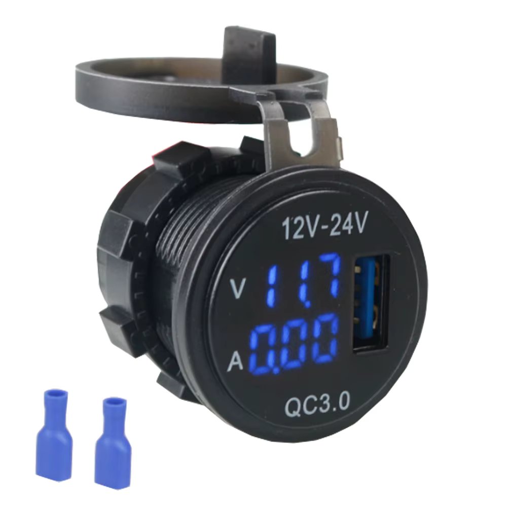 USB Car Charger Socket Dual 3.0 Port Quick Charge 12V/24V Car Adaptor with LED Digital Voltmeter Touch Switch for Marine Boat