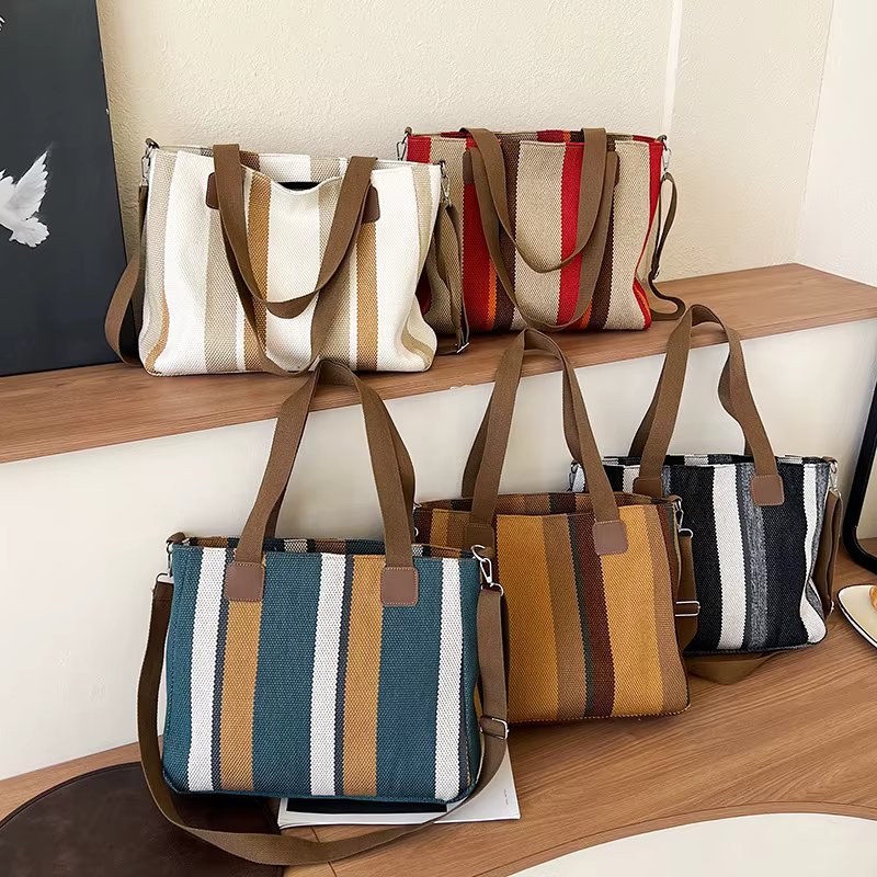 Big Bag Women 2023 New Fashion Striped Canvas Bag Commuter Tote Bag Fashion Single Shoulder Crossbody Mommy Bag