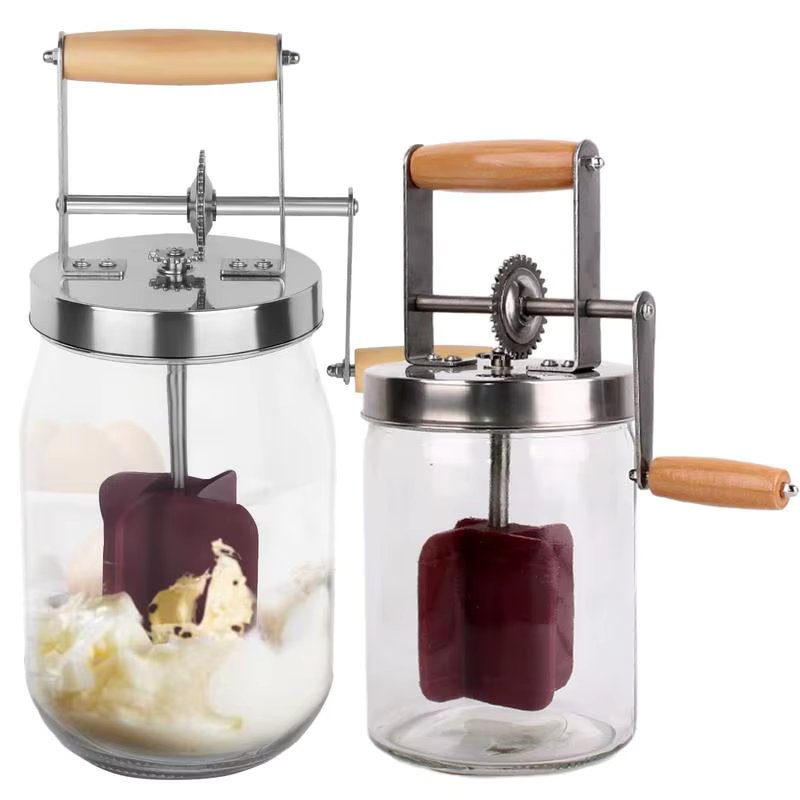 1L/1.5L Manual Butter Churner Wooden Handle Stainless Steel Gear Butter Maker Cream Mixer Hand Crank Mason Jar Kitchen Gadgets