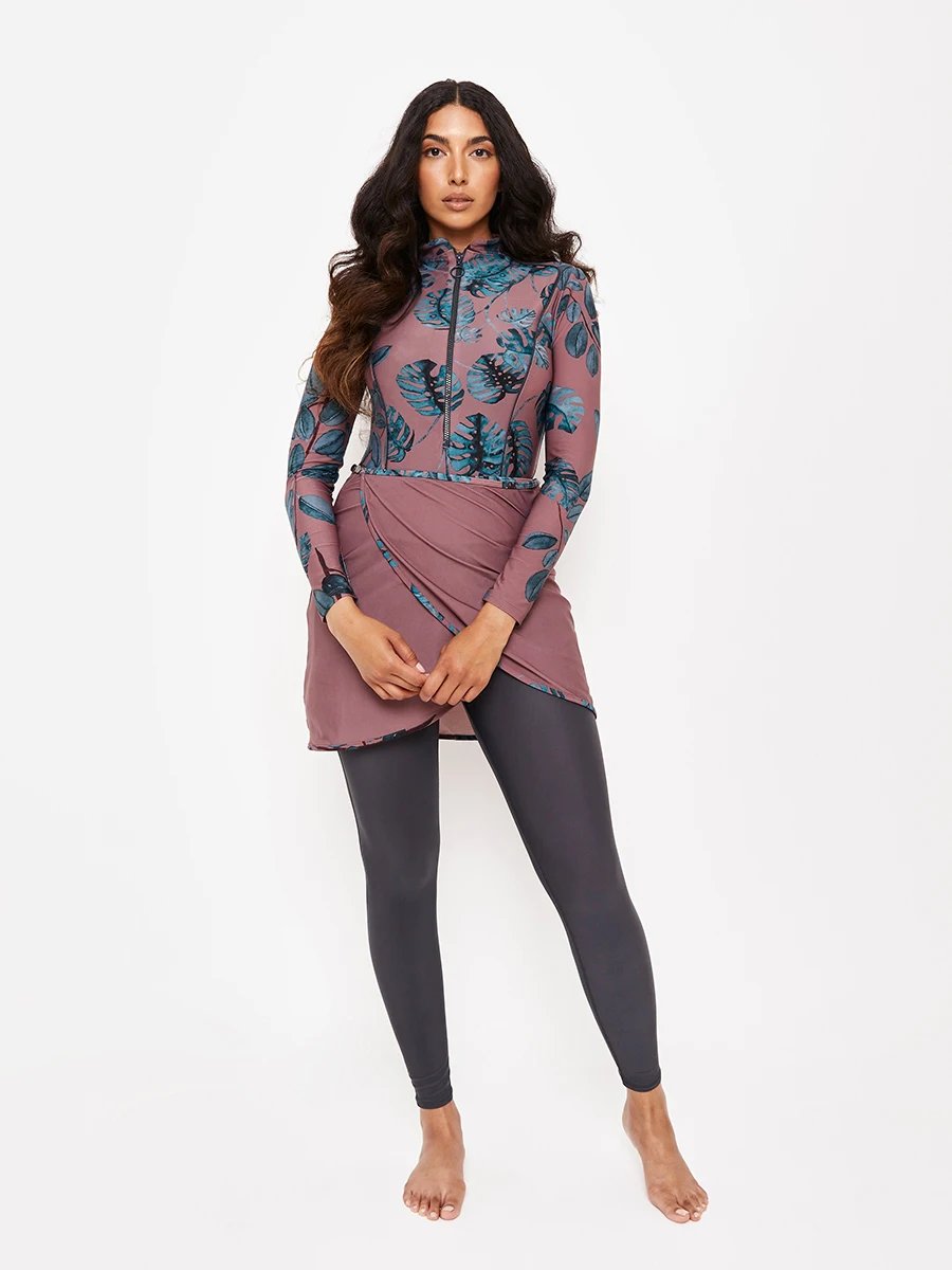 3PCS/Set Women Burkinis Muslim Swimwear Modest Swimsuit Long Sleeve Islamic Swimming Bathing Suit Tropical Plant Top Pant Hijab