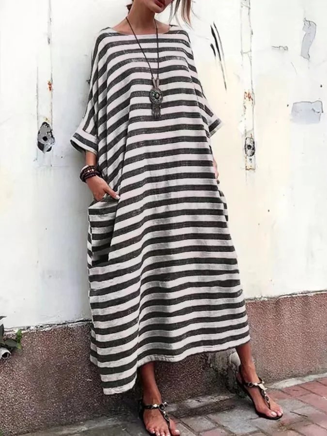 Women Cotton Linen Striped Dress 2024 Summer Loose Big Size 4XL 5XL Maxi Dress robe femme Casual Long Boho Kaftan Muslim Dress