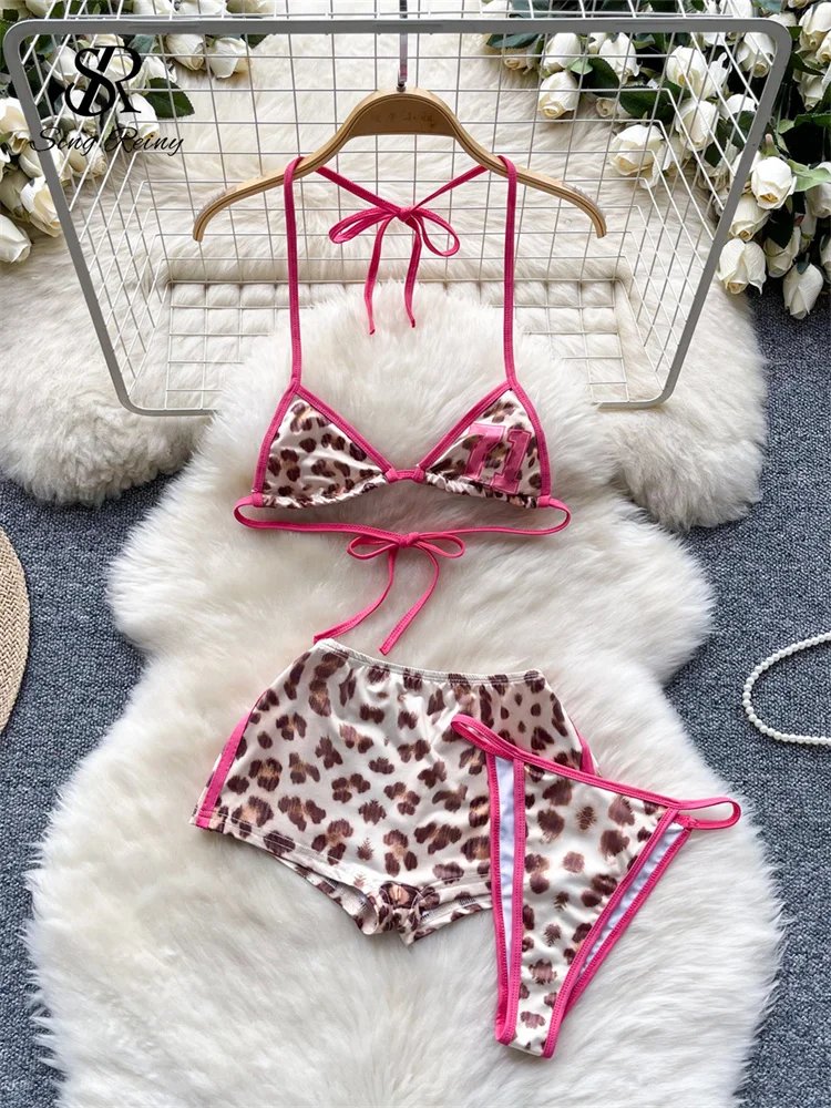 SINGREINY Leopard Bikini Hotsweet Three Piece Set Halter Bra+Slim Shorts+Mini Briefs 2024 Women Lace-Up Backless Sexy Suits