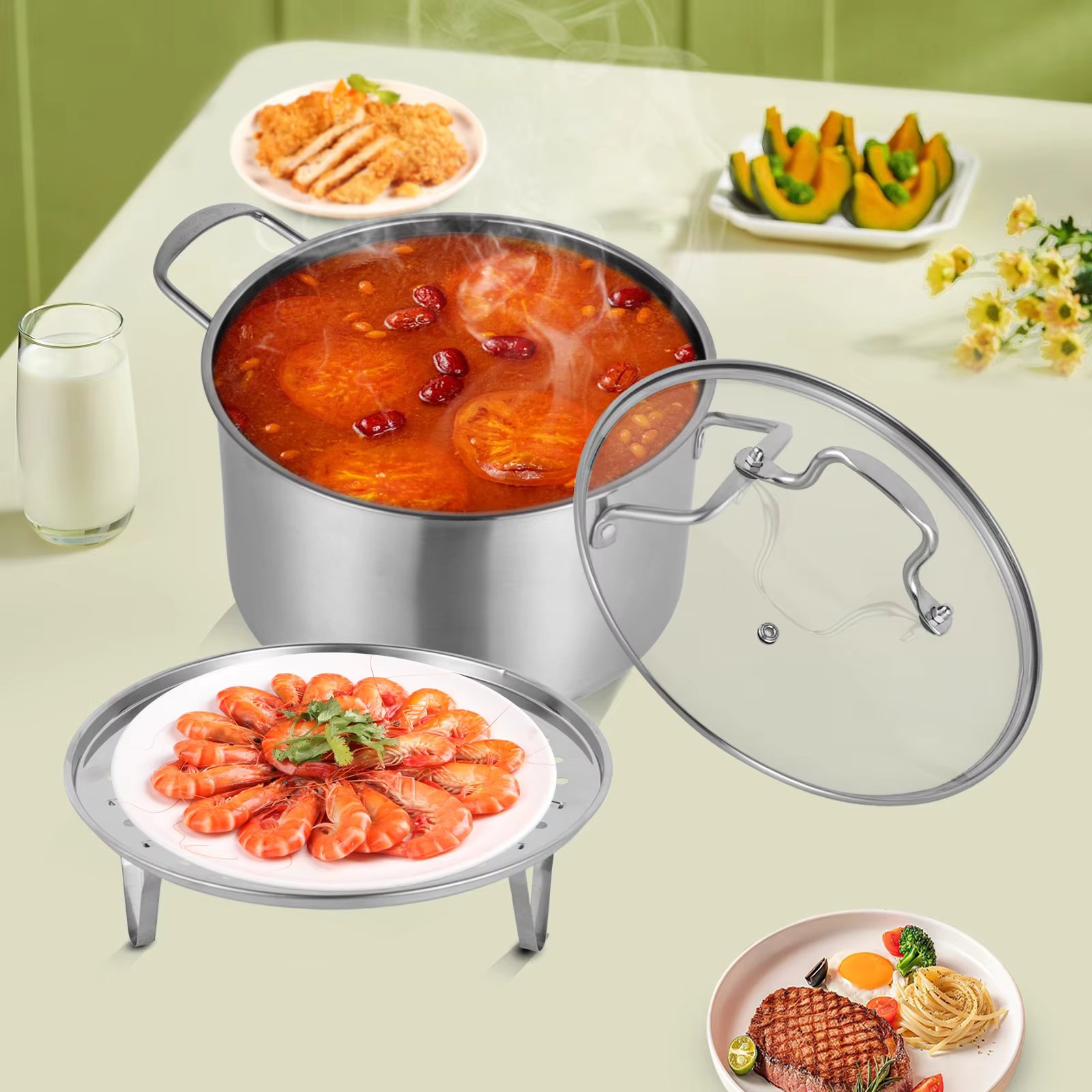 Stainless Steel Pot with Glass Lid/Steaming Rack Rust-Proof Large Capacity Lightweight/Portable for Cooking Rice/Stewing Meat