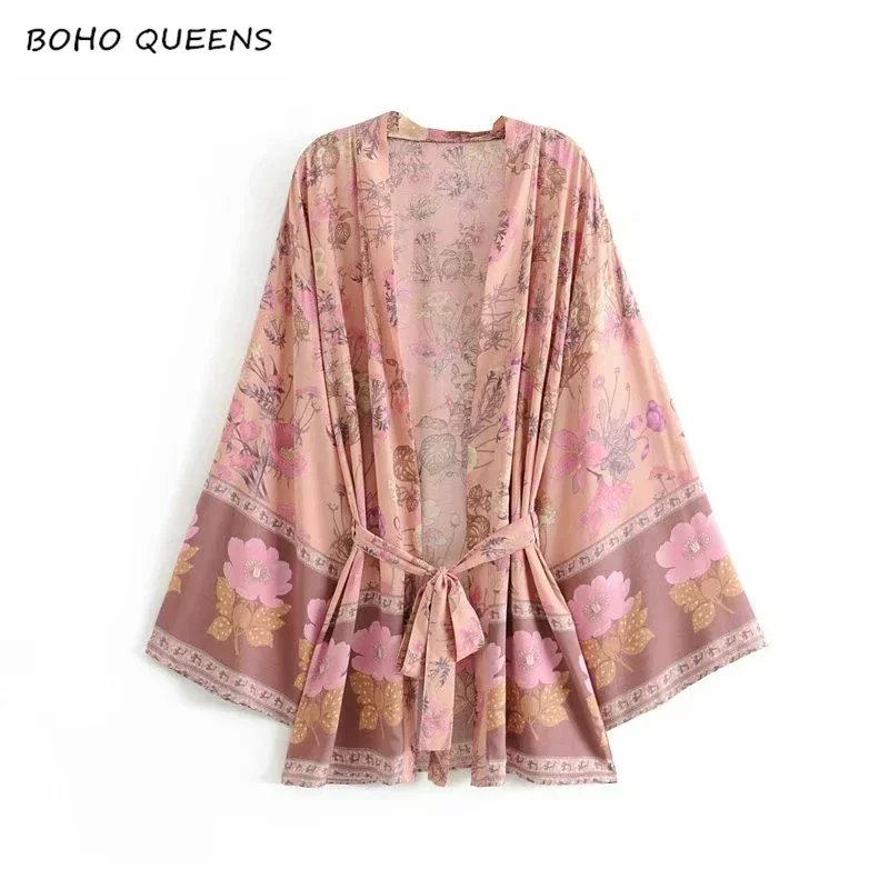 Boho Queens Women Floral Print Sashes Bat Sleeve Beach Bohemian Kimono Dresses Ladies V Neck Summer Bikini Cover-ups