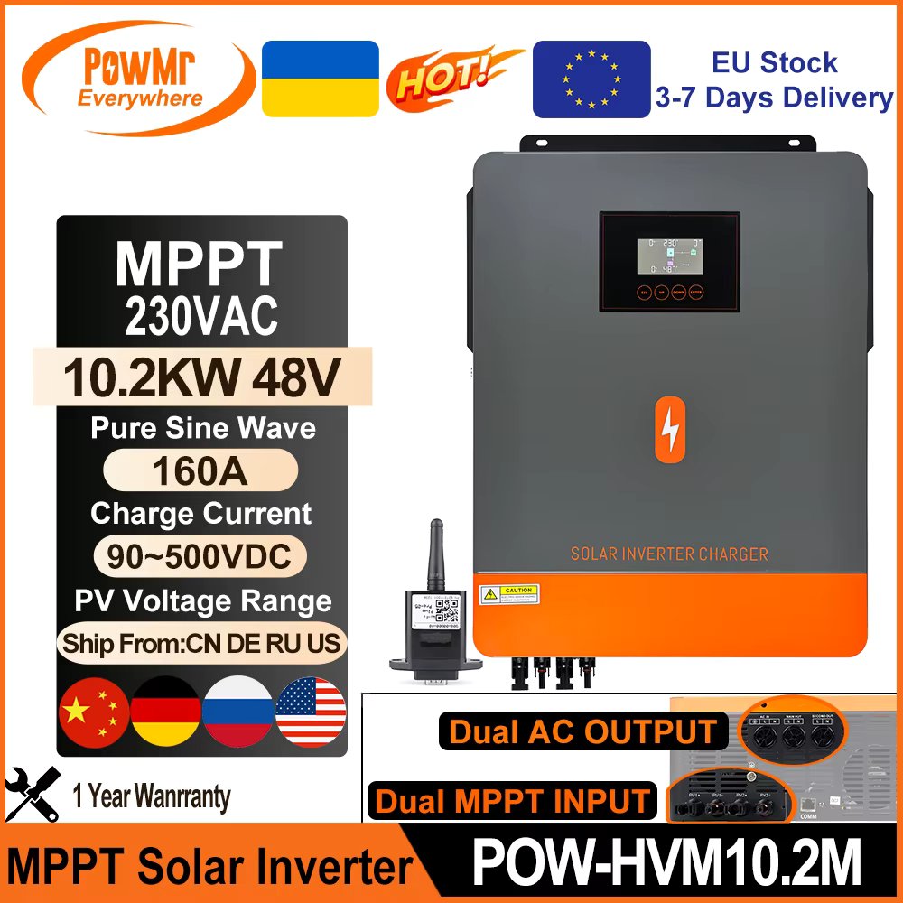 PowMr 10.2KW Hybrid Solar Inverter Pure Sine Wave MPPT 160A 230VAC Output Solar Panel 500VDC Can On Grid for 48V Lifepo4 Battery