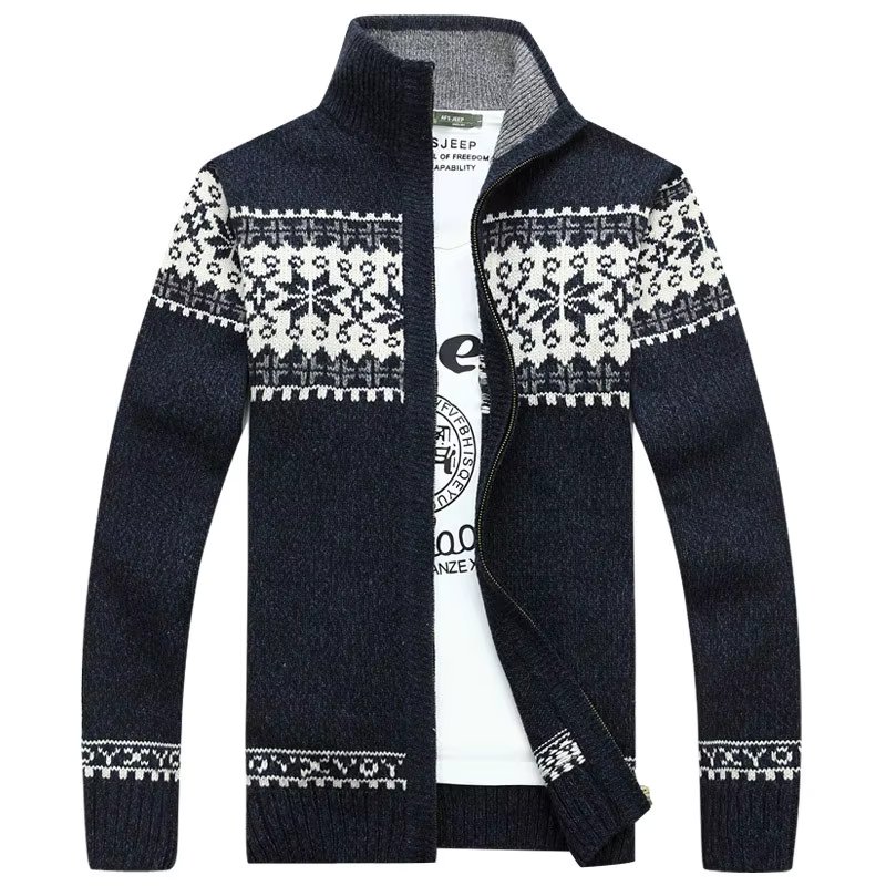 Winter Men's Jacquard Sweater Coat Slim Stand Collar Tide Wool Knitted Cardigan Full Zip Casual Warm Male Clothing for Autumn 5X
