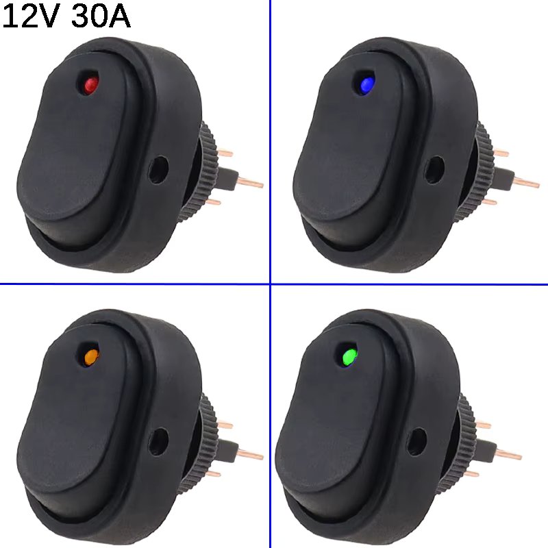 QAO ASW-20D 30A 12VDC Car Boat Auto Rocker Switch ON OFF with Dot LED Light Illuminated Red Green Blue Yellow Rocker Switch