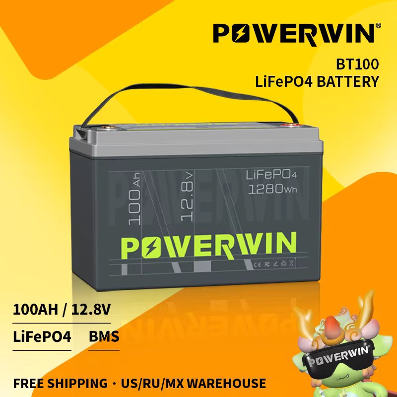 POWERWIN BT100 Built-in BMS Grade A Cell 12.8V 100Ah 1280Wh LiFePO4 Battery Solar Power Inverter RV 4000+Deep Cycle Rechargeable