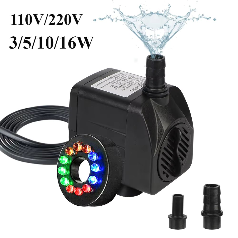 3/5/10/16W LED Light Fountain Pump Fish Tank Water Pump for Rockery Garden Aquarium Decoration Air Pump 110V/220V