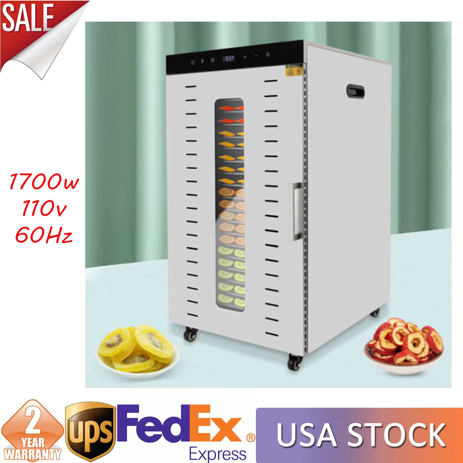 1700W Food Dehydrator Machine with 20 Stainless Steel Trays 86-194℃  Adjustable Temperature Fruit Vegetable Dehydrator