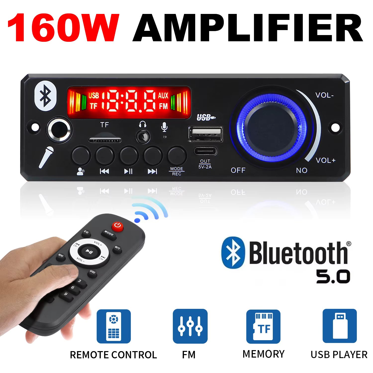 Bluetooth 5.0 MP3 Decoder Board 2*75W 80W Amplifier Audio Player 12V DIY MP3 Player Car FM Radio Module TF USB Mic Record Call