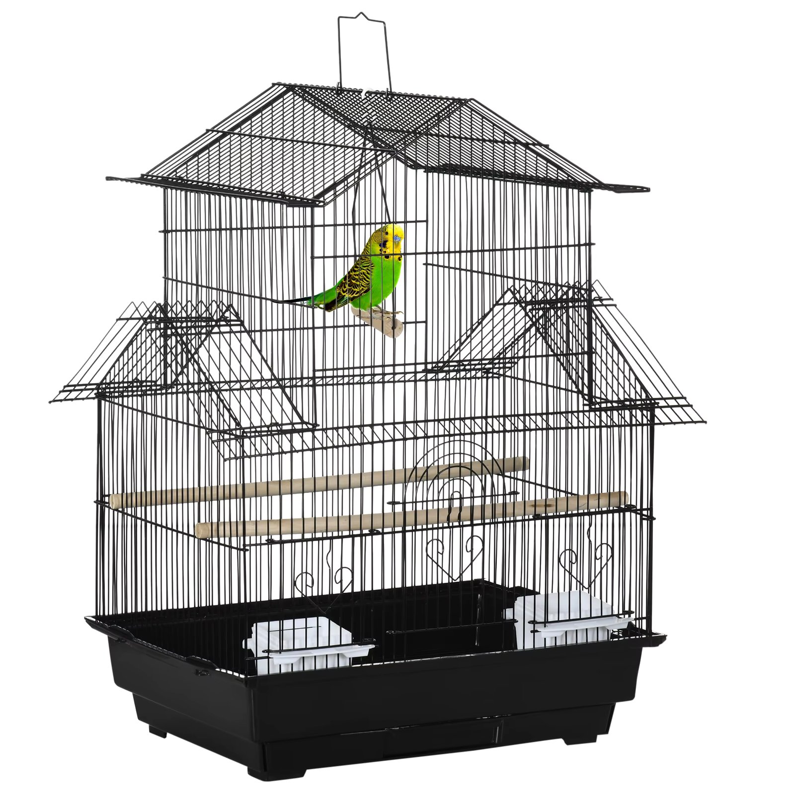 PawHut Birdcage 50,5x41x63 cm metal birdhouse with 5 doors 2 feeders 2 hangers removable swing tray and carrying handle for black parakeet Canary