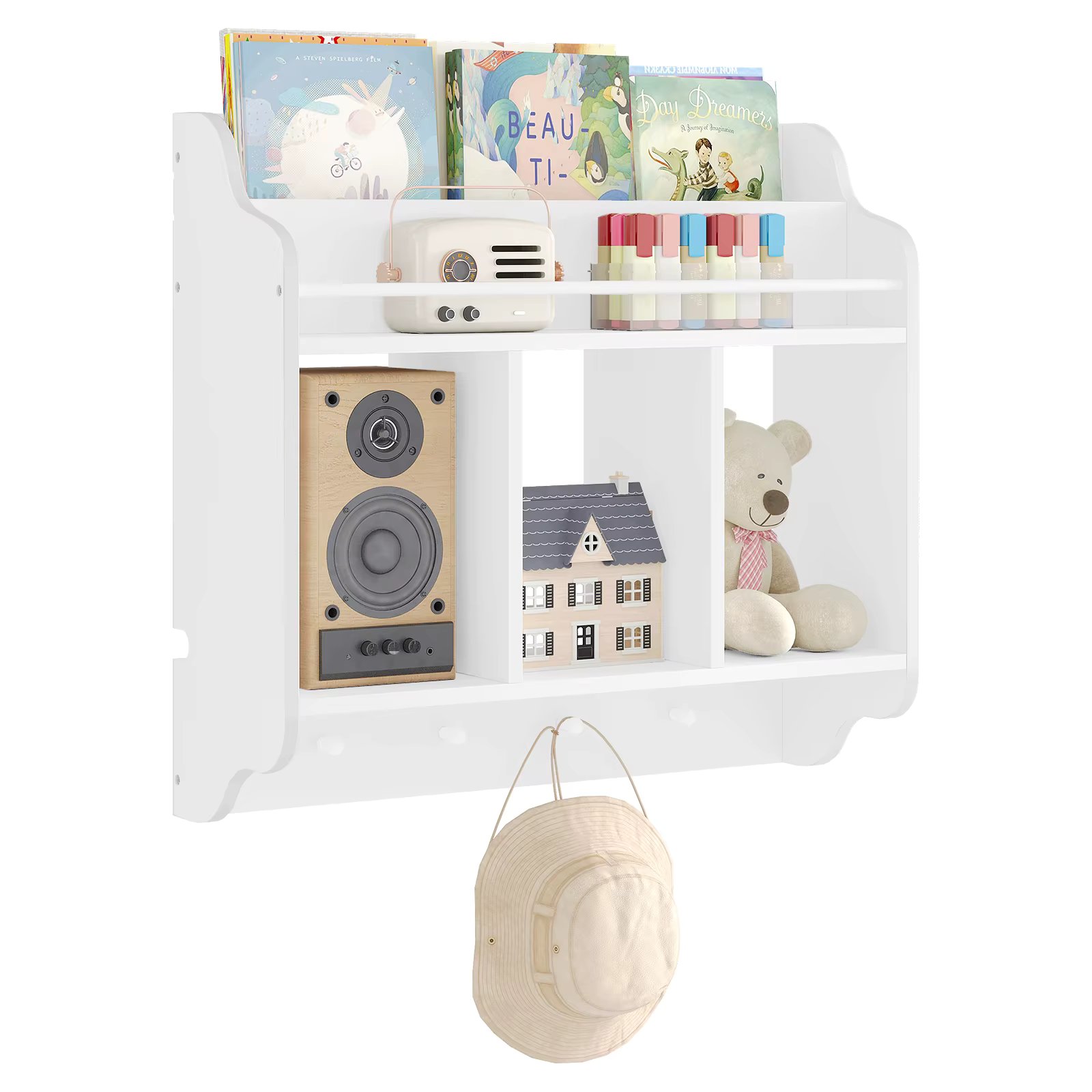White Children's Bookcase Floating Hanging Wall Shelf for Kids Room Kindergarten Decorative Display Storage Rack