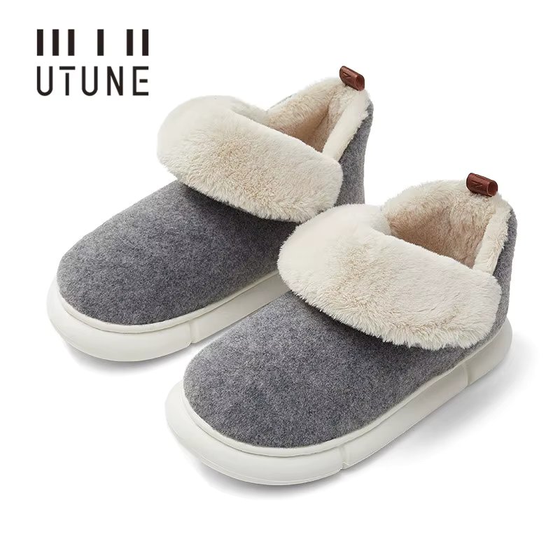 UTUNE Winter Snow Boots Slippers for Women Warm Plush Indoor Shoes EVA Platform Felt Solid Men's Boots Outside Shoes Size 46-47