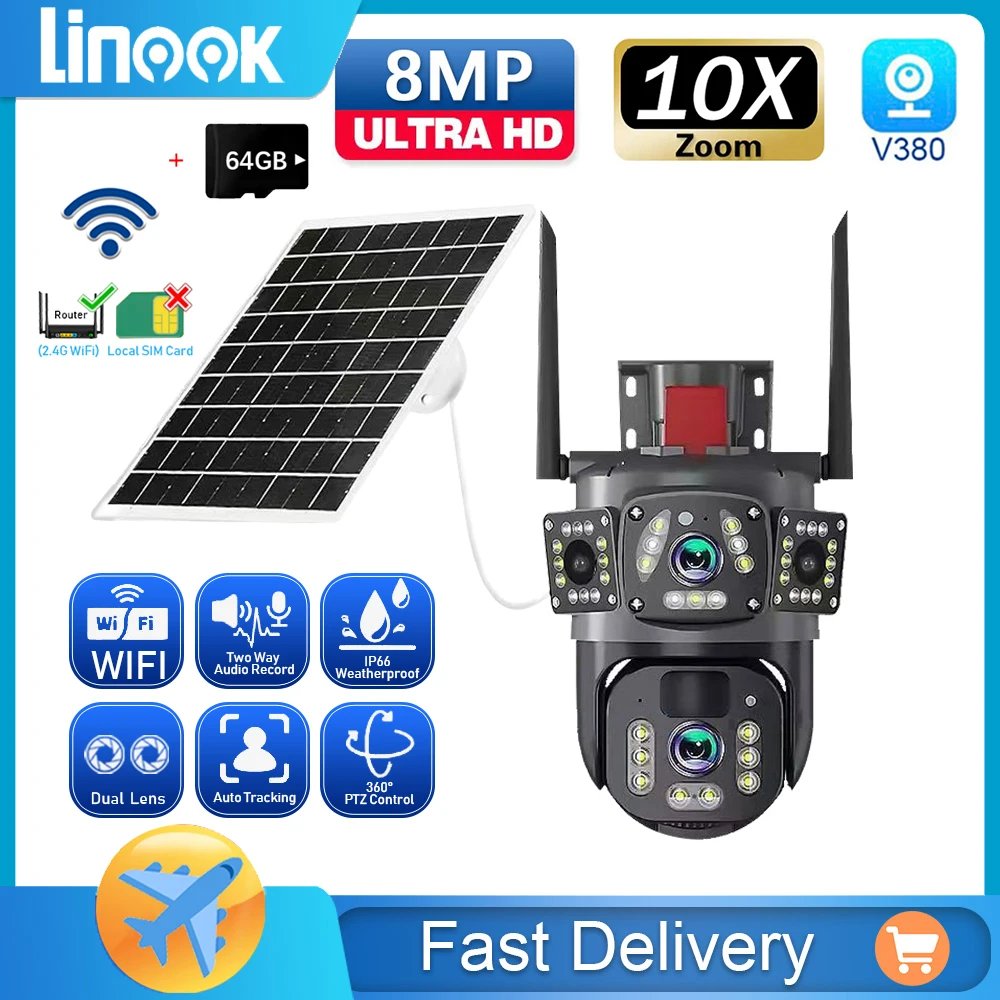 Linook V380,CCTV,Wireless WIFI solar closed-circuit television,4K dual lens,outdoor security network camera,4G sim solar camera