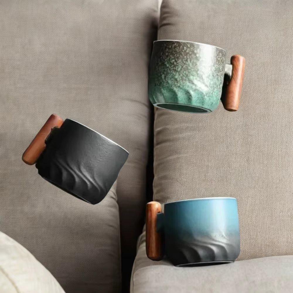 Handmade Ceramic Retro Coffee Mug with Wooden Handle - 80ml Office Water Cup, Filter Tea Cup, Perfect Tea and Coffee Cup, Unique