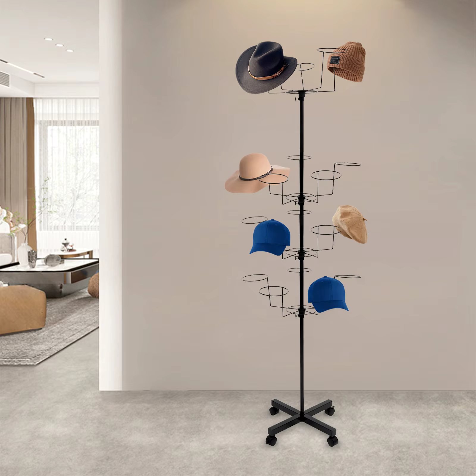 7 Tier Metal Hat Rack Hanger Wigs Display Stand Cap Rotating Standard W/ 4 Wheel