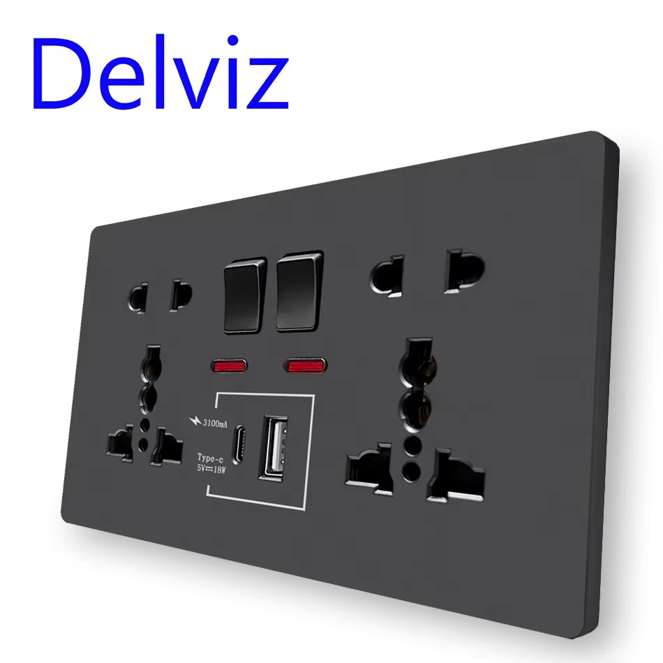 Delviz Wall Quick charge Socket, 18W Type-C Ports, Dual Switch control Universal Power outlet, UK Standard USB Interface Socket