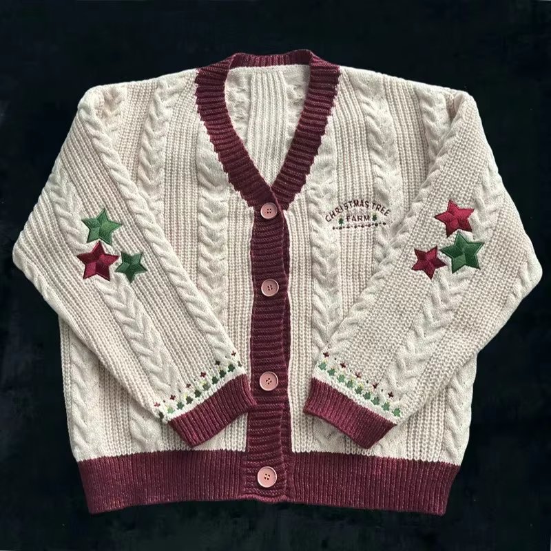 Christmas Tree Women Cardigan Autumn Winter Knitted Cardigans with Star Embroidery Holiday Sweater Folklore Tops Christmas Gift