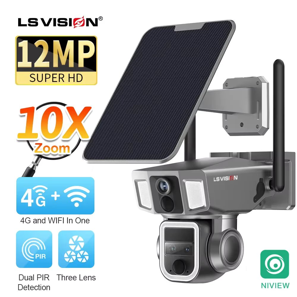 LS VISION 12MP 2 In 1 4G and WiFi Dual Screen Solar Camera OutdoorThree Lens Dual PIR Detection 10X Zoom Auto Tracking CCTV Cam