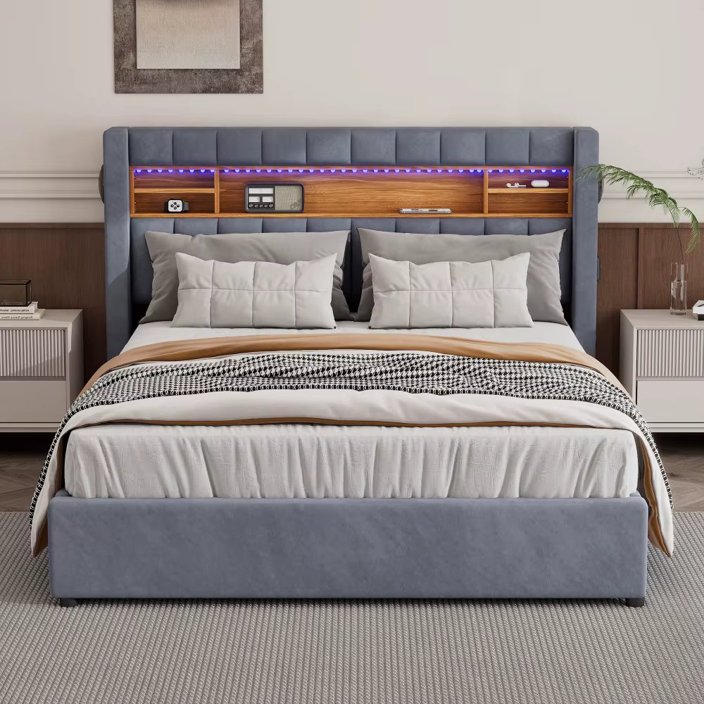 Luxury Upholstered Bed Double Bed with LED and Bluetooth 140x200cm Grey