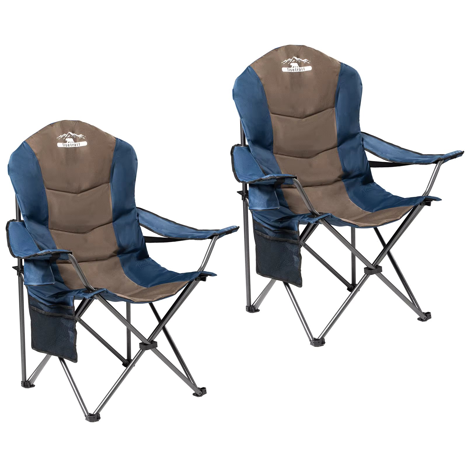 Tisetrail 2 Pack Folding Camping Chairs for Adults High Back Padded Lawn Chairs Portable Outdoor Camp Chair, Blue & Brown