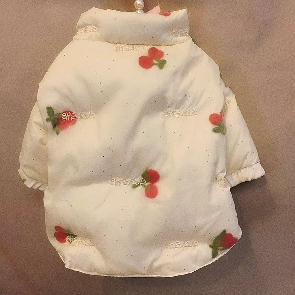 New Ins Winter Dog Clothes White Cherry Warm Coat Cotton High Collar Zipper Dog Jacket Dog Christmas Clothes Fashion Design