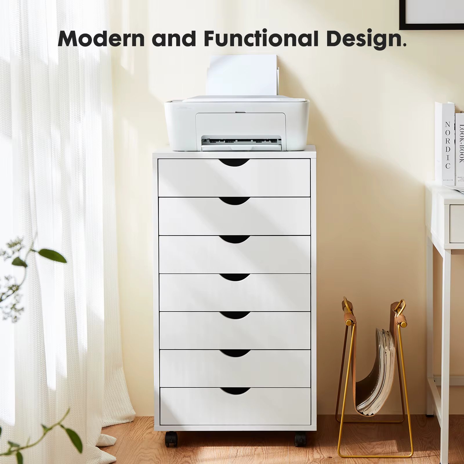 JHK 7 Drawer Chest Dressers Nightstand Storage Cabinet Wooden File Office Mobile Cabinet Wheels Living Room Organizer Rolling