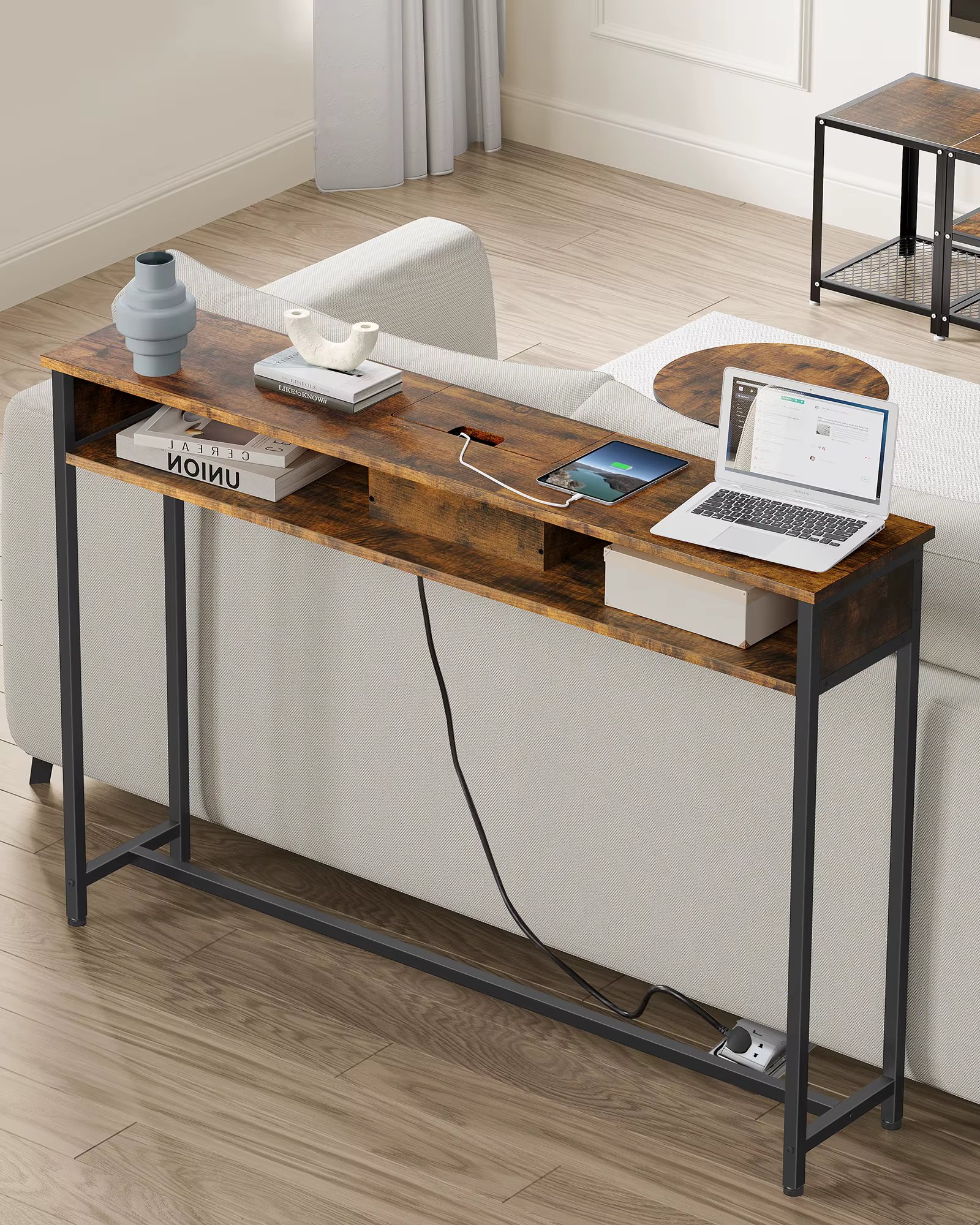 VASAGLE Console Table With Charging Station, Slim Console Table for Hallway, Narrow Table With 2 Compartments, Space-Saving