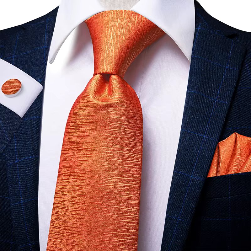 Hi-Tie Necktie For Men New Luxury Men's Tie Set Orange Solid Silk 8.5cm Large Fashion Hanky Cufflinks Set Wedding Quality