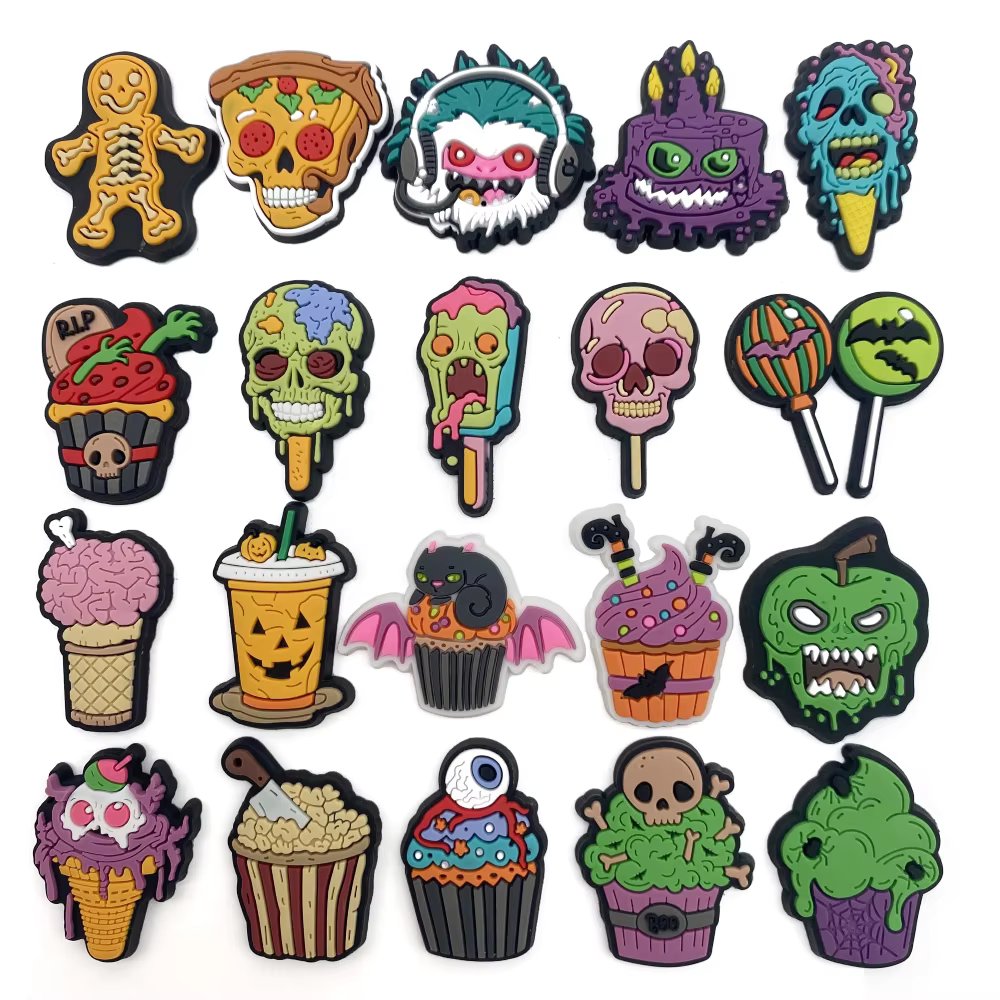 1-20Pcs Halloween Horror Food Skull Ice Cream PVC Shoe Charms Sandals Buckles Accessories Decoration Fit Clog
