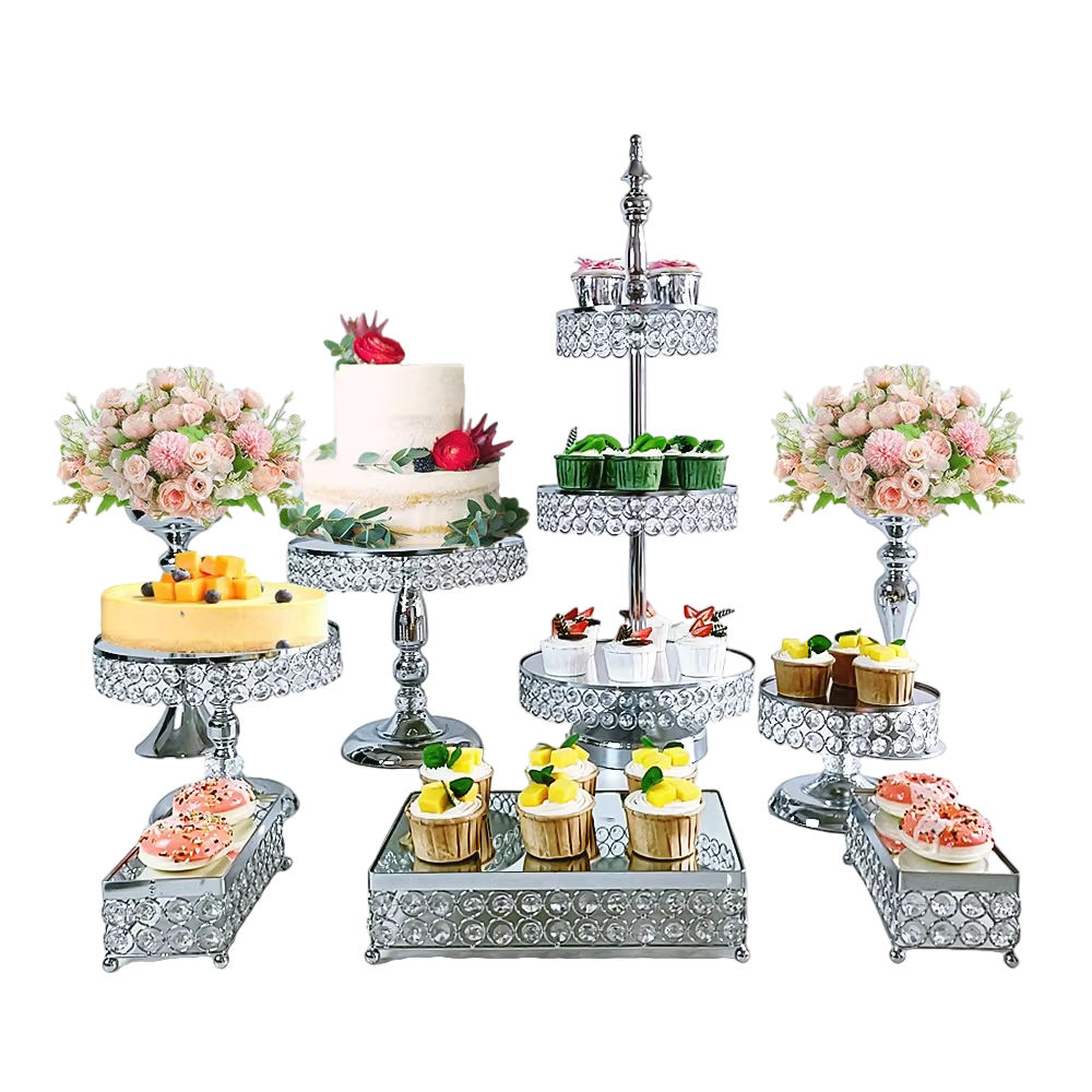 9Pcs/lot Cake Stands Set With Acrylic Mirror,Metal Round Cupcake Holder Cookies Dessert Display Plate, Serving Tower Tray