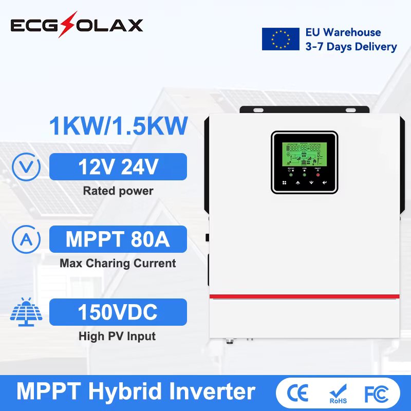 ECGSOLAX 1KW 1.5KW Hybrid Solar inverter 12V 24V 220V Off-grid Solar Hybrid inverter With MPPT 80A Charge Controller Max PV 150V
