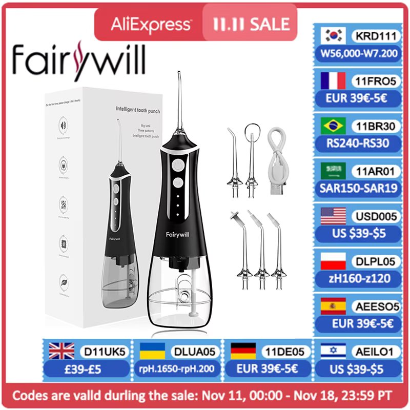 Fairywill Oral Irrigator Portable Water Flosser Dental Teeth Cleaning Waterproof USB Charge With 5 Jets For Braces, Travel