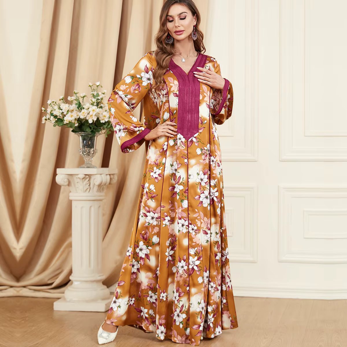 Modest Muslim Moroccan Jalabiya Dubai Arab Ethnic Floral Long Dress Loose Casual Islamic Women Clothing Corban Eid al Adha 2024