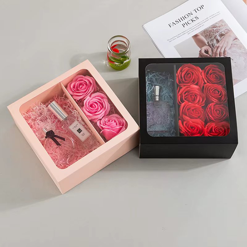 Flower Gift Box With Handle Transparent PVC Window Square Portable Rose Candy Dessert Packaging Box Wedding Party Present Decor