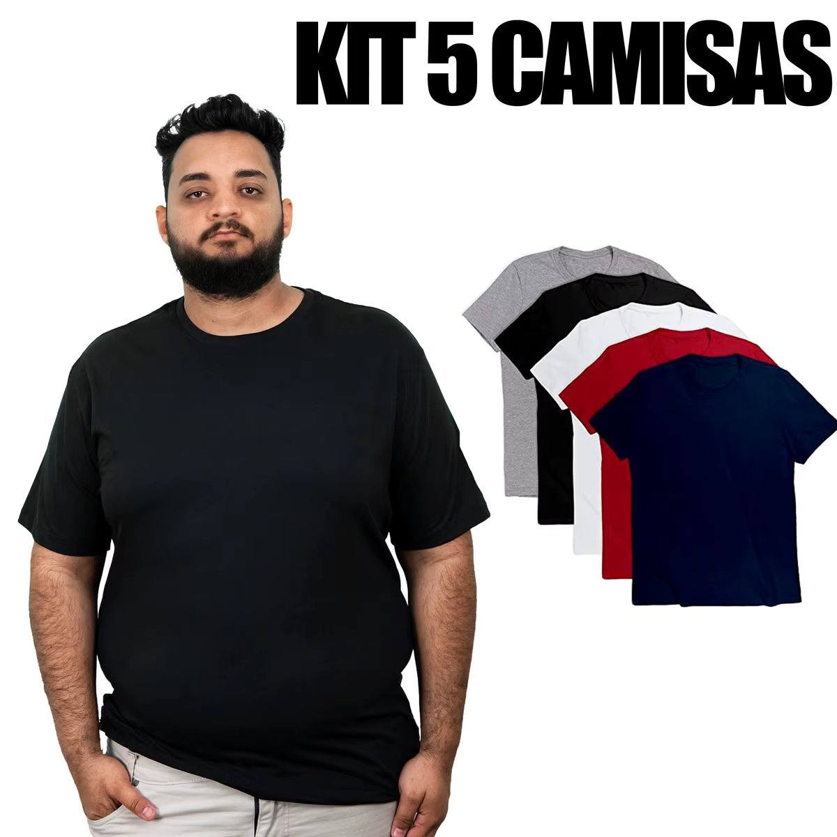 Kit 5 Plus Size Men's Basic Cotton Premium Smooth T-Shirt