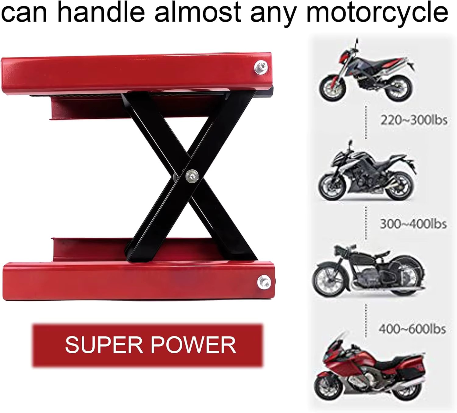 Vertical scissor lift, designed for motorcycles and heavy-duty motorcycles with a capacity of 1100 pounds/500 kilograms